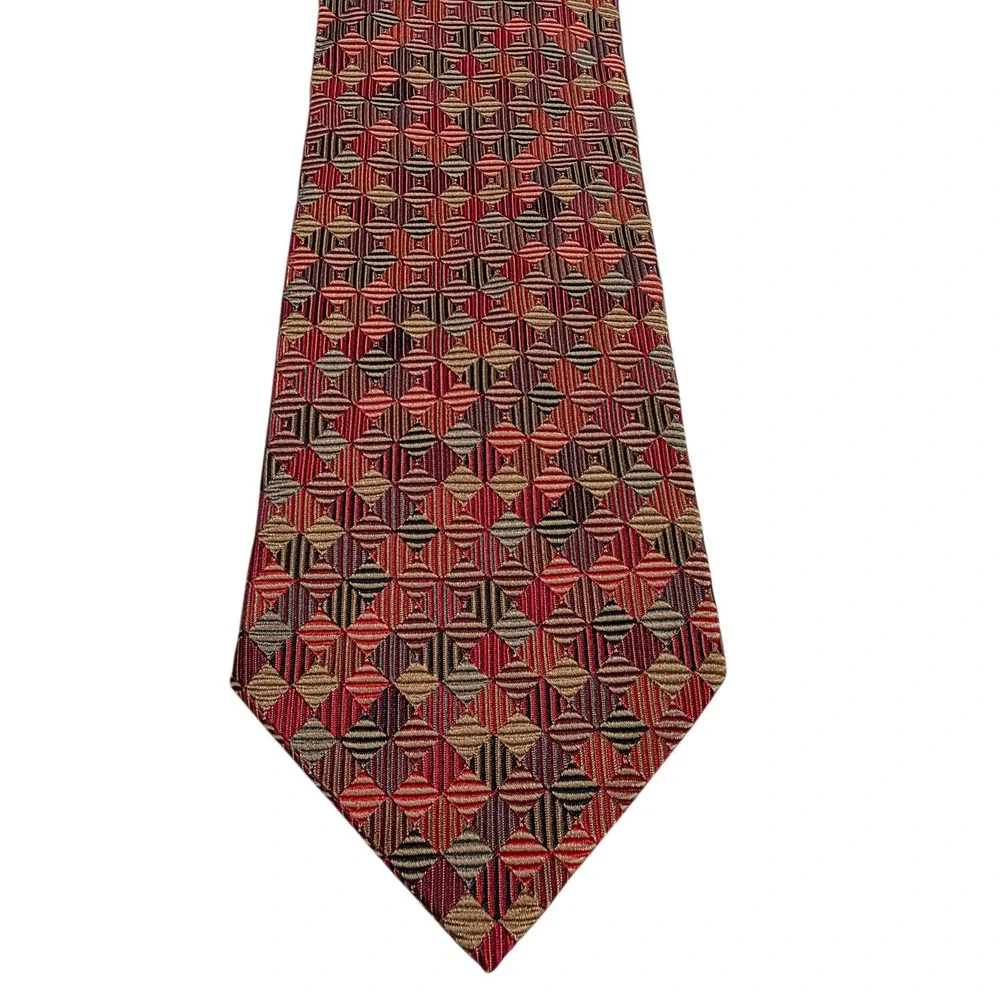 Alexander Julian American Modern‎ Geometric Silk Tie Red Gold Tan Burgundy Woven